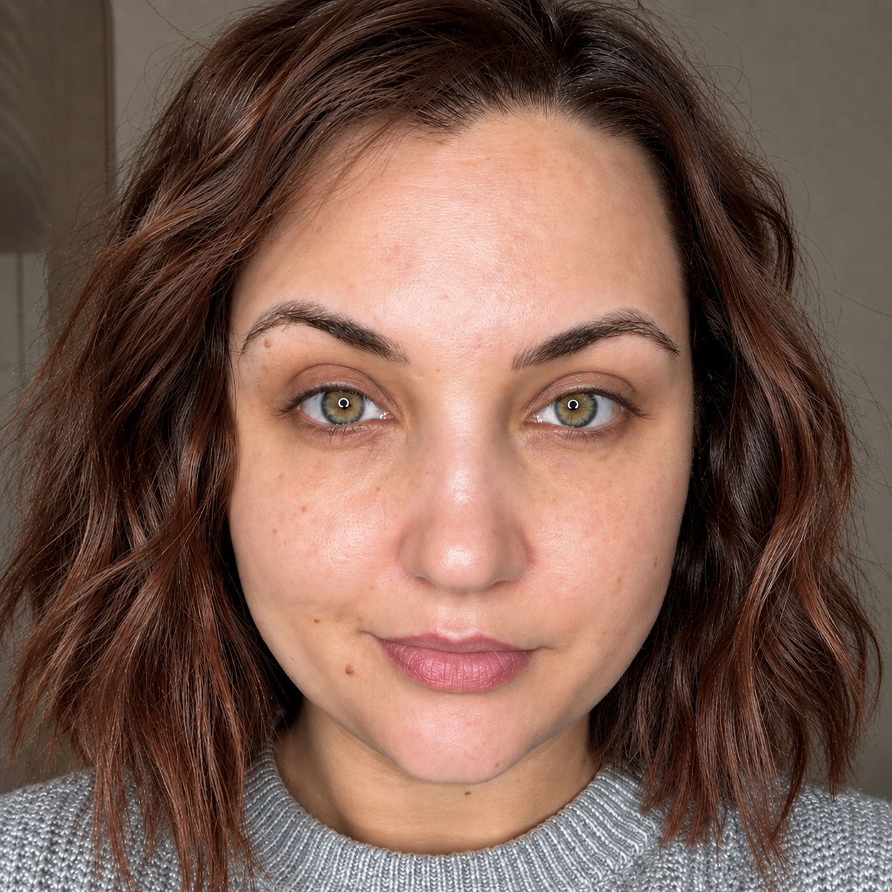 Portrait d’une femme au jour 1 du rituel, avec une peau naturelle et d’apparence saine avant le début de sa routine.