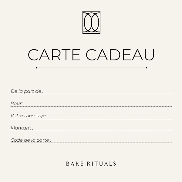 Modèle de carte cadeau Bare Rituals à personnaliser avec le nom, le message, le montant et le code de la carte.